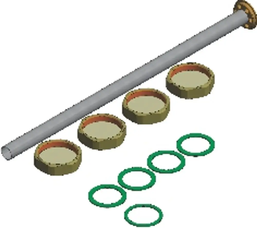 Set bestehend aus einer langen Metallstange, mehreren runden, flachen Dichtungen sowie grünen Dichtungsringen, geeignet für die Anwendung im Zusammenhang mit Wolf Produkten.